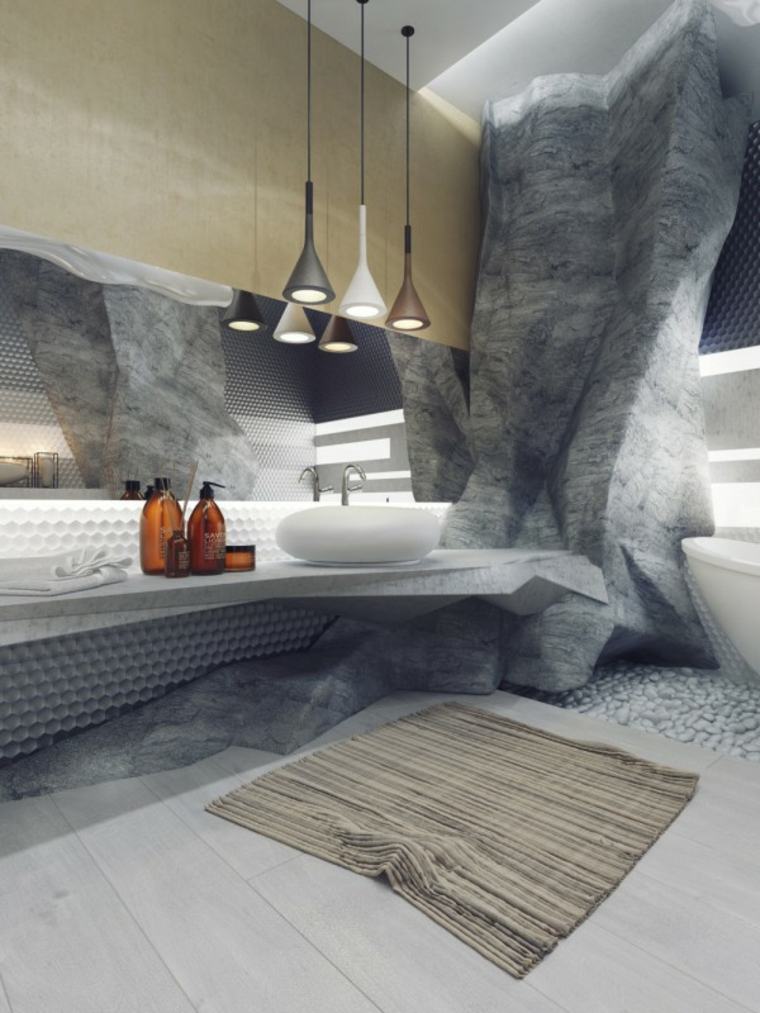 carrelage salle de bain gris luminaire suspendu design tapis de sol lavabo