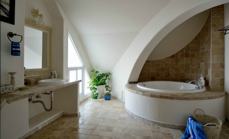 baignoires salles de bains angulaires carreaux beiges