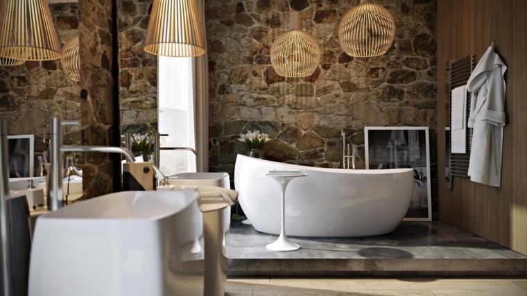 salle de bain de luxe baignoire luminaire suspendu design