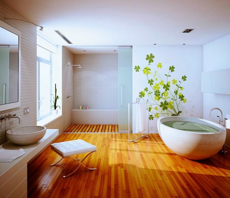 parquet sol salle de bain bois baignoire design 