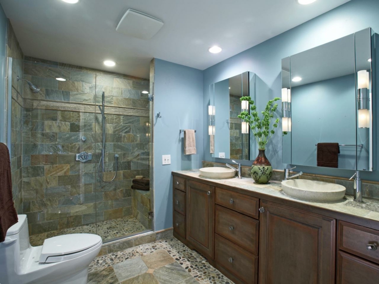 intérieur salle de bain moderne meuble bois cabine de douche miroir toilettes 