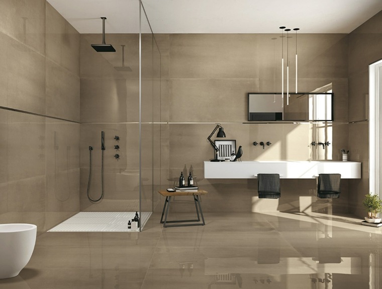 idée carrelage salle de bain intérieur gris cabine de douche italienne miroir luminaire suspendu
