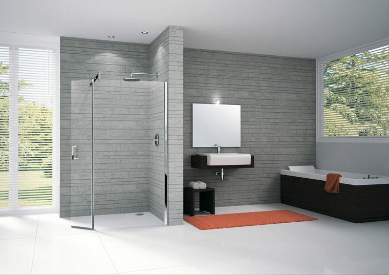 idée aménagement salle de bain tapis orange baignoire cabine de douche lavabo miroir