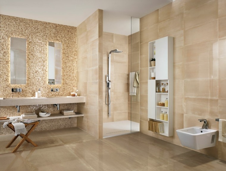 carrelage salle de bain beige carreaux cabine douche italienne design placard salle de bain blanc