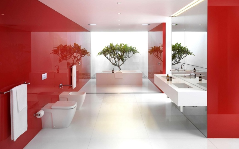 salle de bain rouge  blanche design aménagement toilette déco