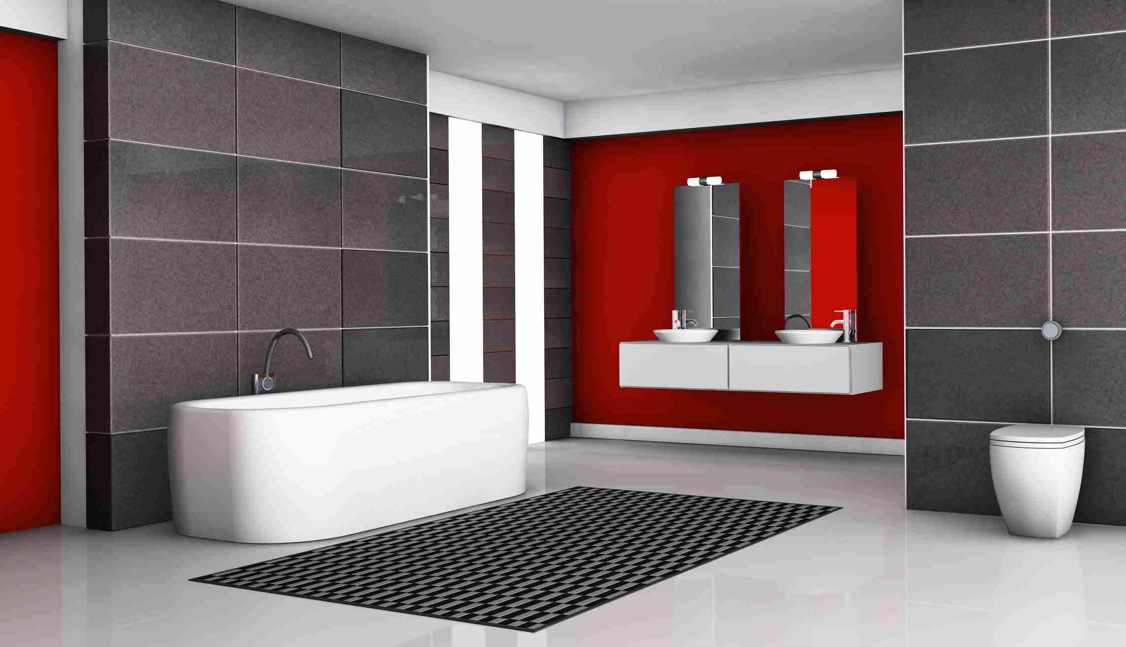 associer les couleurs salle de bains rouge gris baignoire