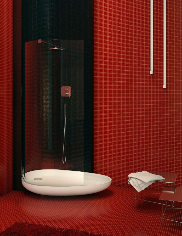 salle de bain rouge carrelage cabine douche moderne