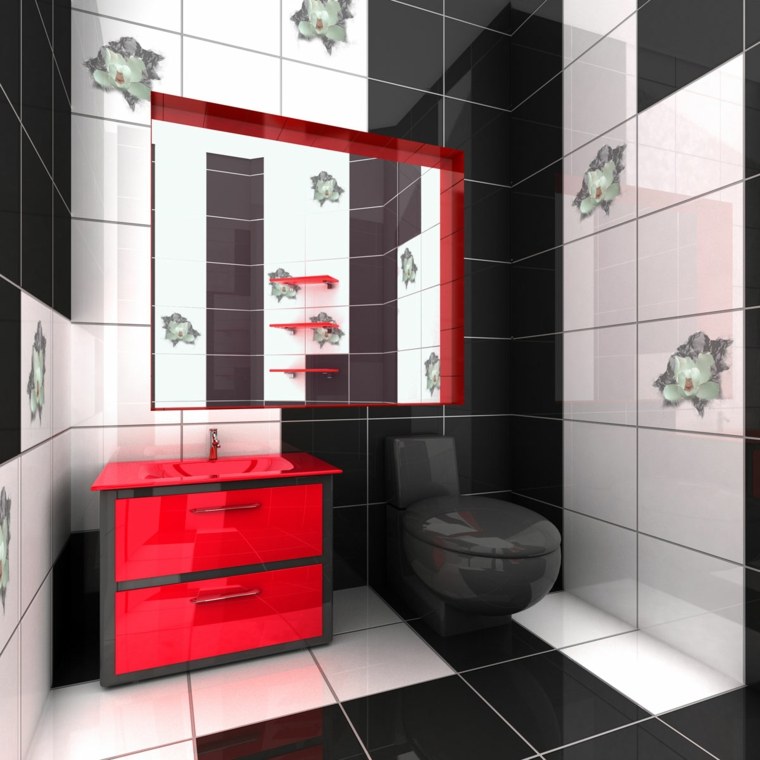 aménagement salle de bain moderne noir et blanc meuble rouge toilette noire