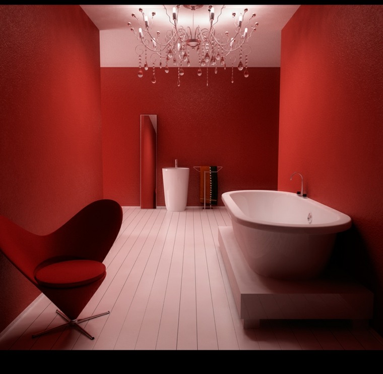 aménagement salle de bain rouge fauteuil baignoire blanche luminaire salle de bain 