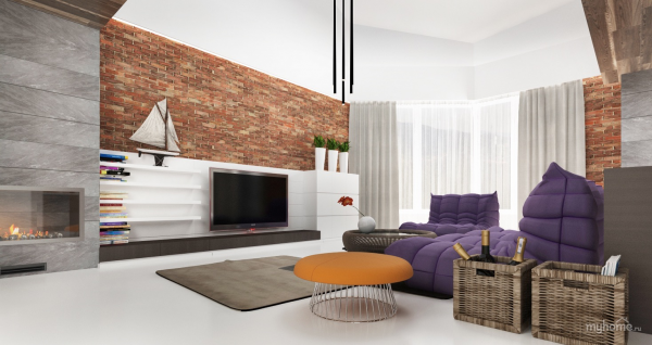 aménagement espace salon contemporain canapé gris violet tapis de sol pouf orange design moderne rustem-urazmetov