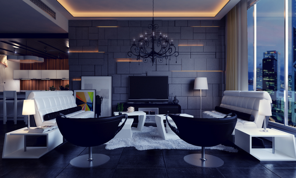 aménagement espace contemporain design fauteuil noir tapis de sol blanc luminaire suspendu 