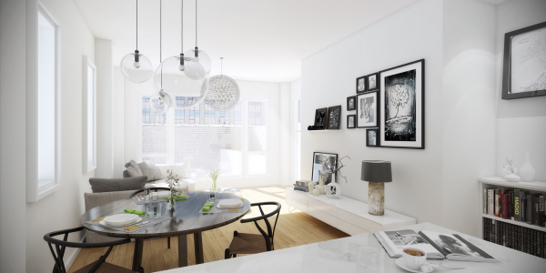 aménagement salon moderne séjour design luminaire suspendu composition cadres noir blanc design