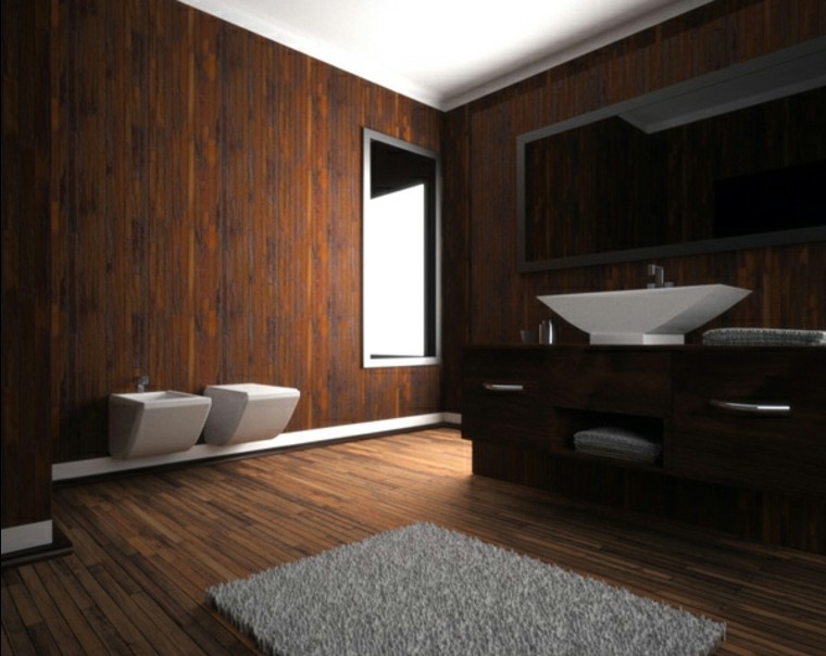 intérieur salle de bain bois meuble idée tapis de salle de bain parquet mûr