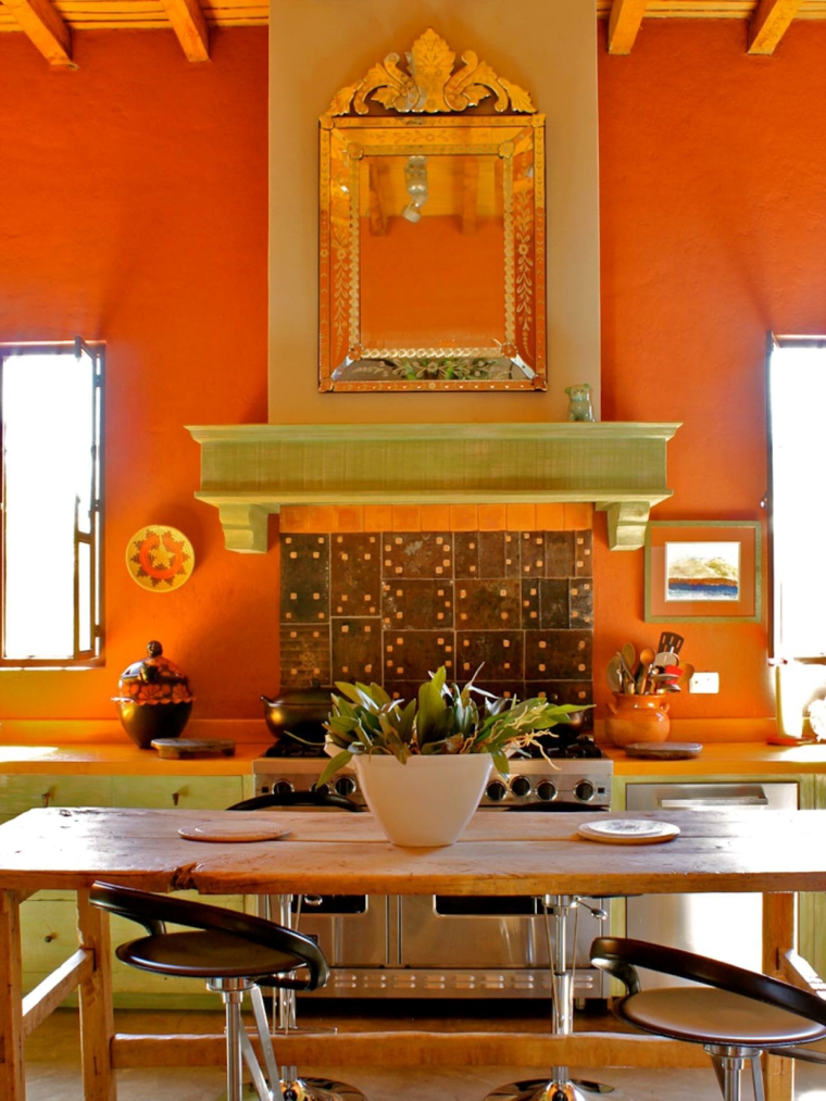 cuisine moderne intérieur orange table en bois miroir cuisine