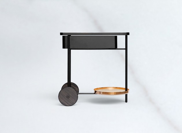chariot de service noir design cuisine bois naturel cuivre marbre