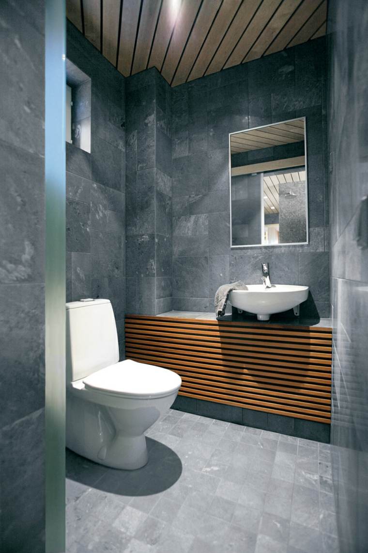 toilette design original salle de bain bois lavabo miroir carrelage gris