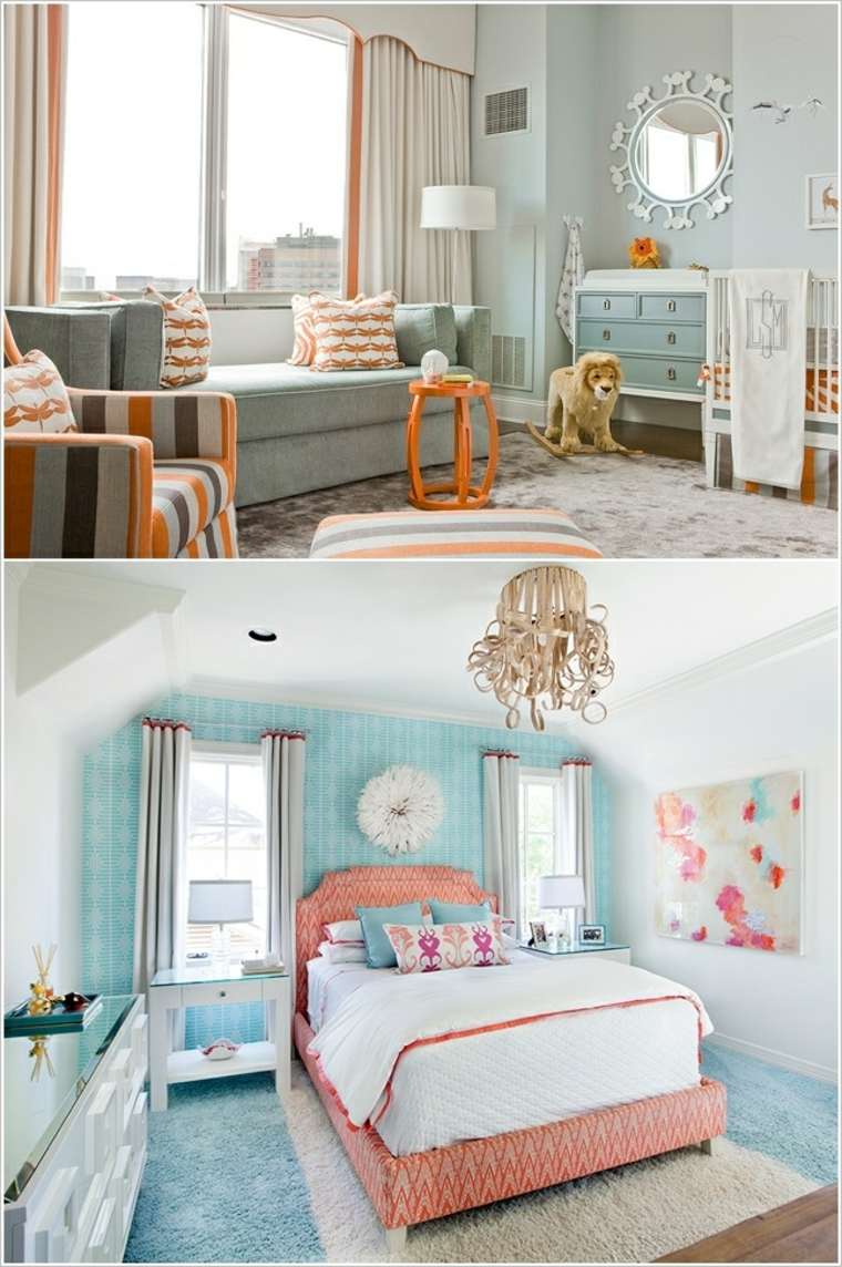 idée rideau chambre enfant lit canapé bleu coussins oranges miroir rangements