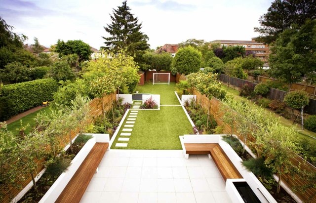 rangement espace extérieur idée banc de jardin pelouse arbre design idée