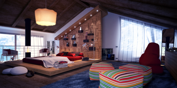 idée chambre adulte tapis de sol pouf design moderne canapé rouge 