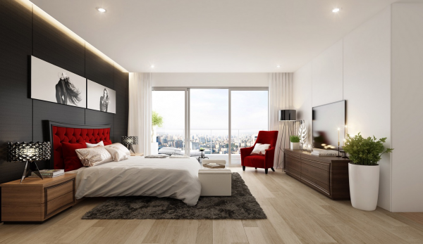 aménagement intérieur design moderne tapis de sol gris lit déco fauteuil rouge atviz