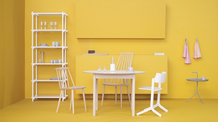 couleur cuisine jaune blanc design chaise bois 