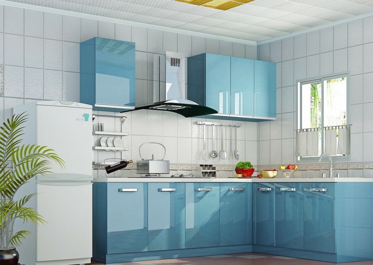 cuisine bleue blanc idée mobilier de cuisine frigo carrelage mur