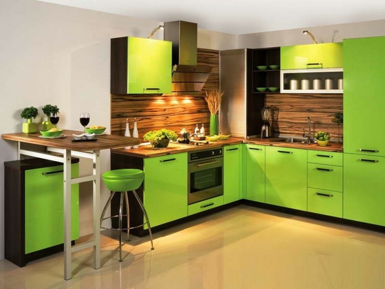 cuisine verte marron idée couleur hotte aspirante meuble de cuisine en vert table à manger haute bois