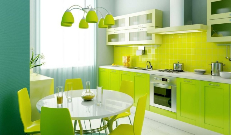 vert lime cuisine idée luminaire design table à manger placard hotte aspirante