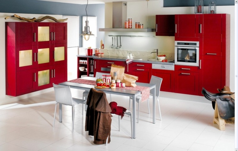 idée couleur de cuisine mobilier rouge table à manger blanche 