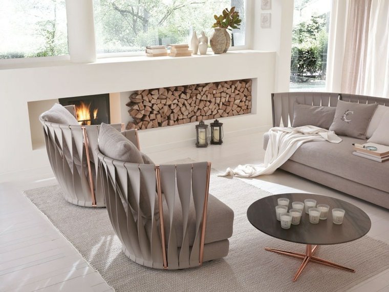fauteuil cabriolet moderne design salon aménagement table basse canapé gris cheminée 