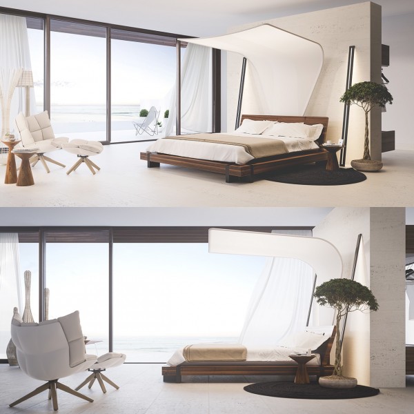 chambre à coucher design moderne lit fauteuil gris design déco plante juraj-talcik