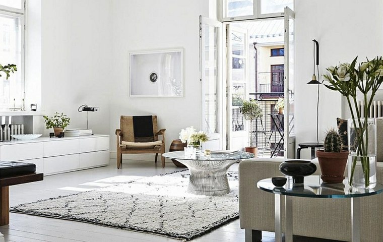 idees deco salons style meuble scandinave blanc verre