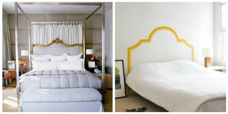 chambre tête de lit cuir doré design rideau blanc 
