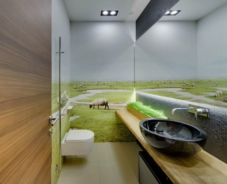 salle de bain idée papier peint lavabo noir toilettes 2bgroup
