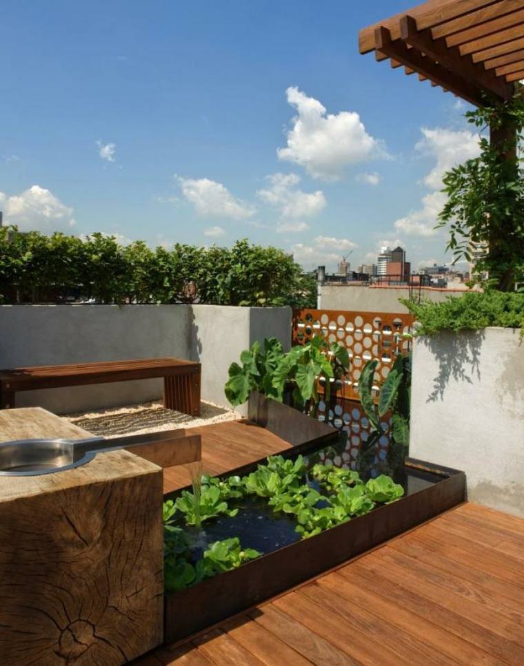 jardin aménagement terrasses sur le toit bois bassin plantes aquatiques