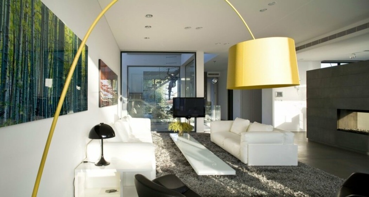 idée déco salon luminaire canapé blanc tapis de sol gris -jacobsyaniv-architects