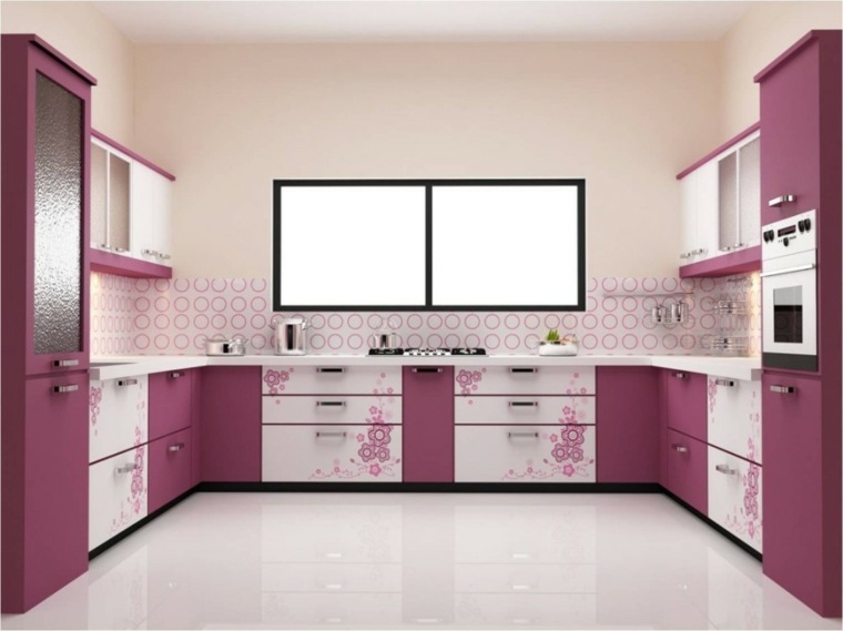 idée couleur cuisine rose foncé design aménagement espace à manger fenêtres