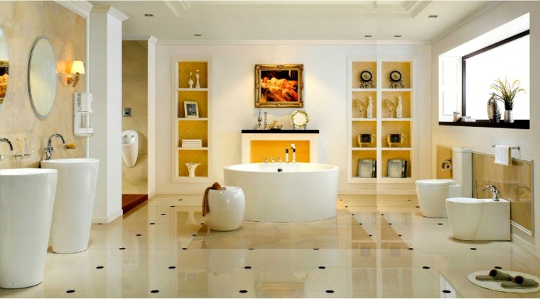décorer salle de bain mur carrelage blanc noir étagères lavabo miroir mur cadre 