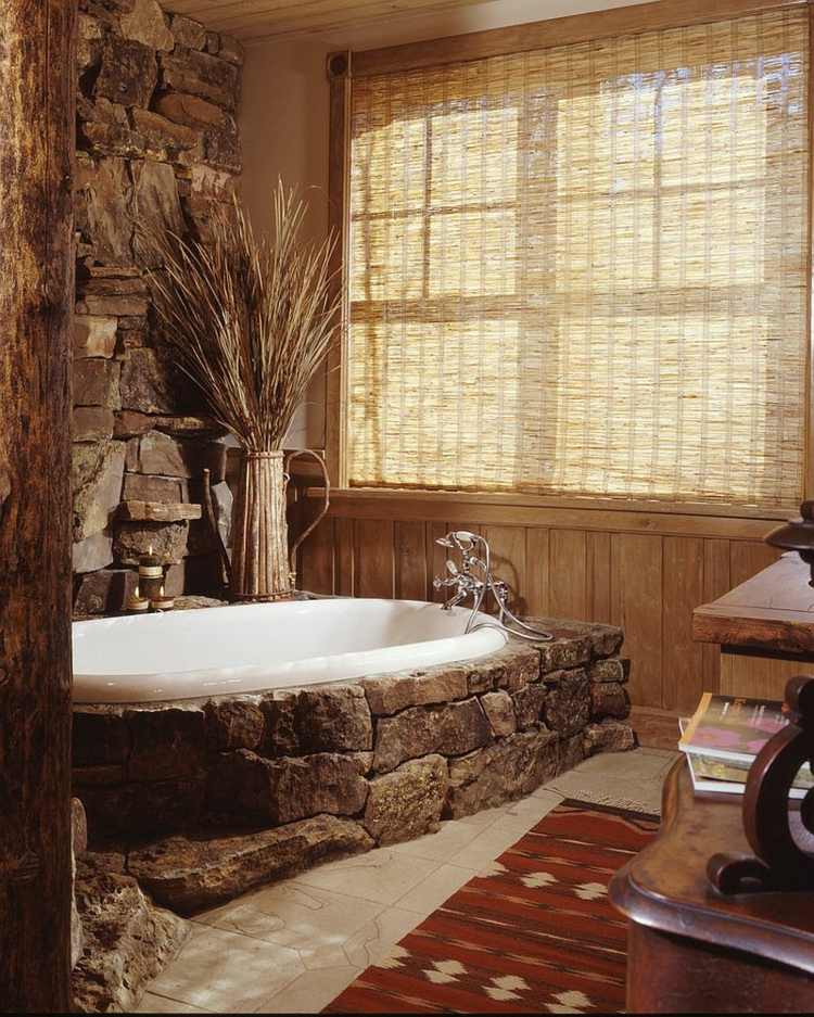 salle de bain rustique baignoire pierre