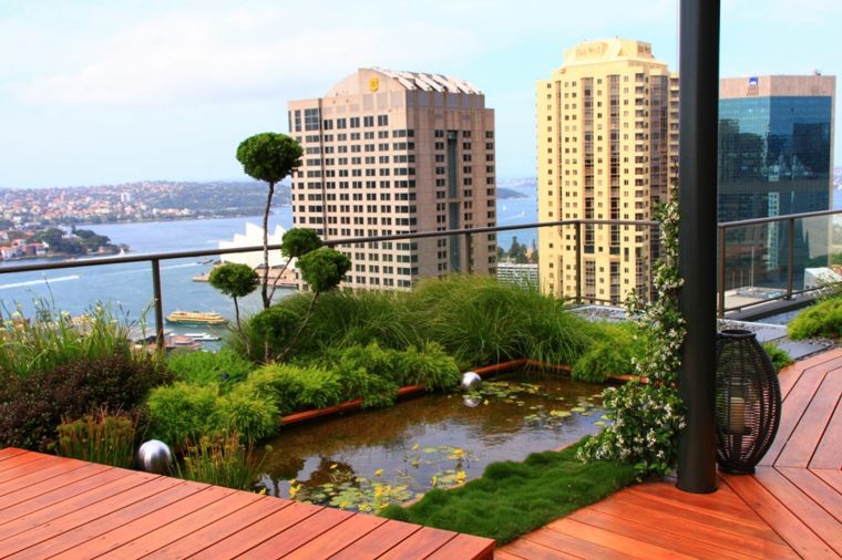  aménagement toit terrasse bois jardin bassins eau