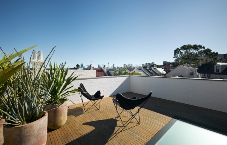 terrasse sol bois meuble moderne plante verte jardin sur le toit