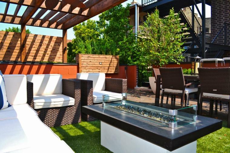 terrasse idee salon jardin toit cheminées modernes