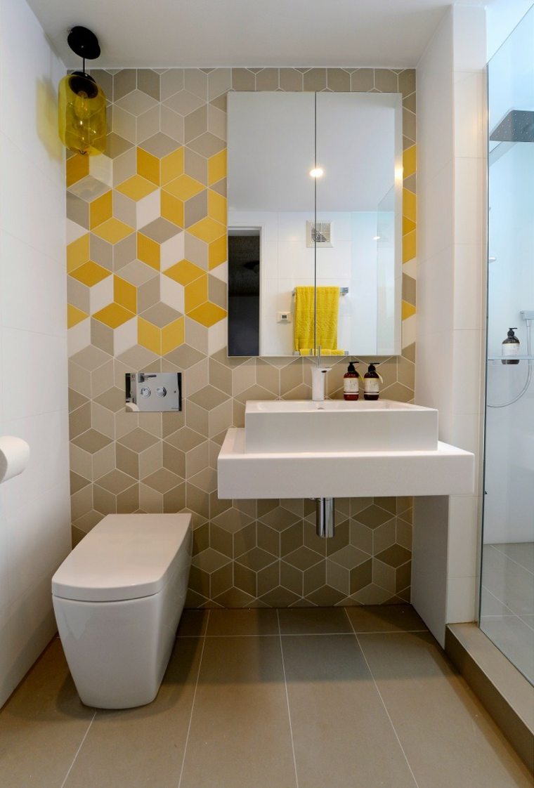 toilettes décoration idée carrelage jaune gris sol revêtement mural miroir 