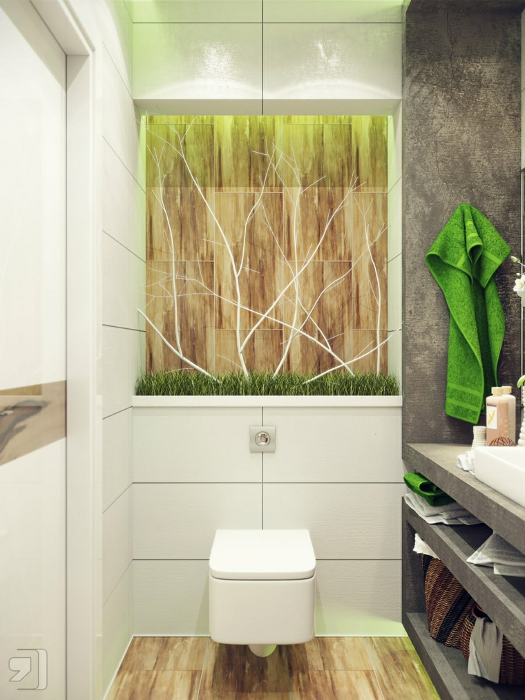 décoration toilette idée wc bambou bois serviette verte idée parquet sol 