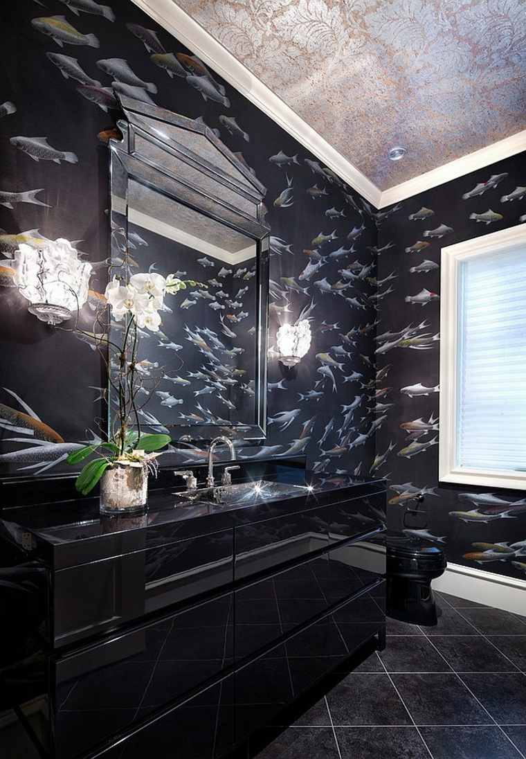 salle de bain idée papier peint dauphins meuble noir déco 