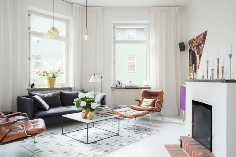 salon moderne minimaliste tapis de sol motif graphique luminaire suspendu