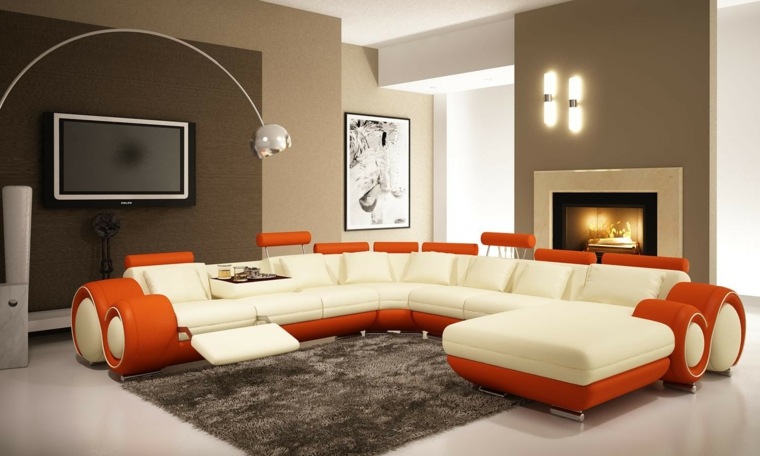 aménagement appartement moderne canapé blanc tapis de sol moderne déco tableau orange blanc idée télé