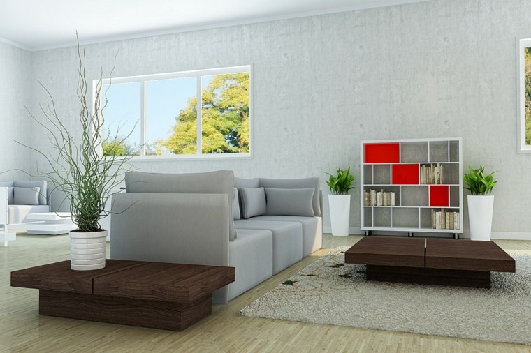 salon moderne gris idée canapé design table basse bois marron moderne plante étagères