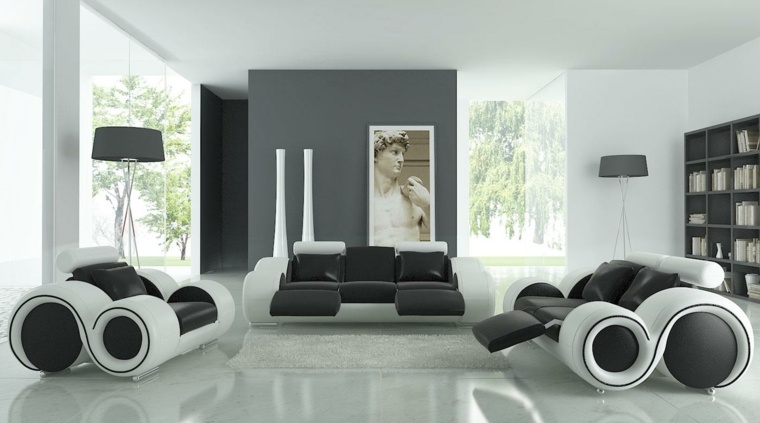 idée mobilier design salon canapé noir blanc fauteuil cadre mur
