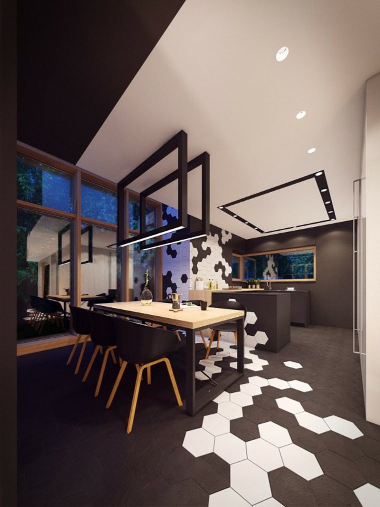 carrelage moderne salon idée noir et blanc table en bois